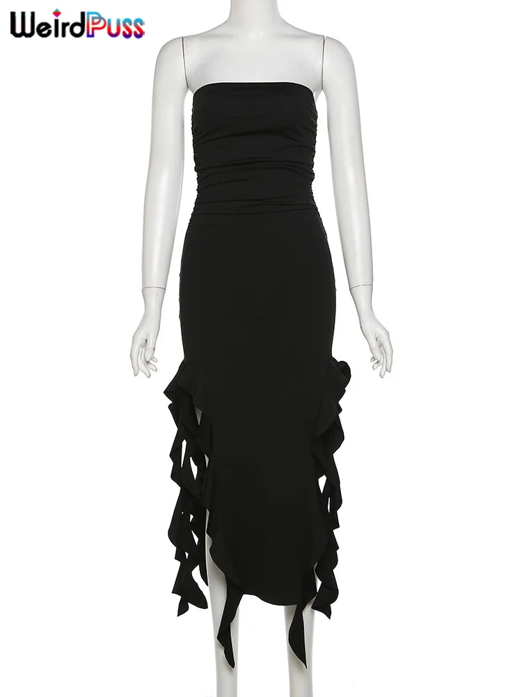 Weird Puss Elegant Strapless Dress Women Irregular Tassel Summer Trend Skinny Split Maxi Bodycon Birthday Party Clubwear