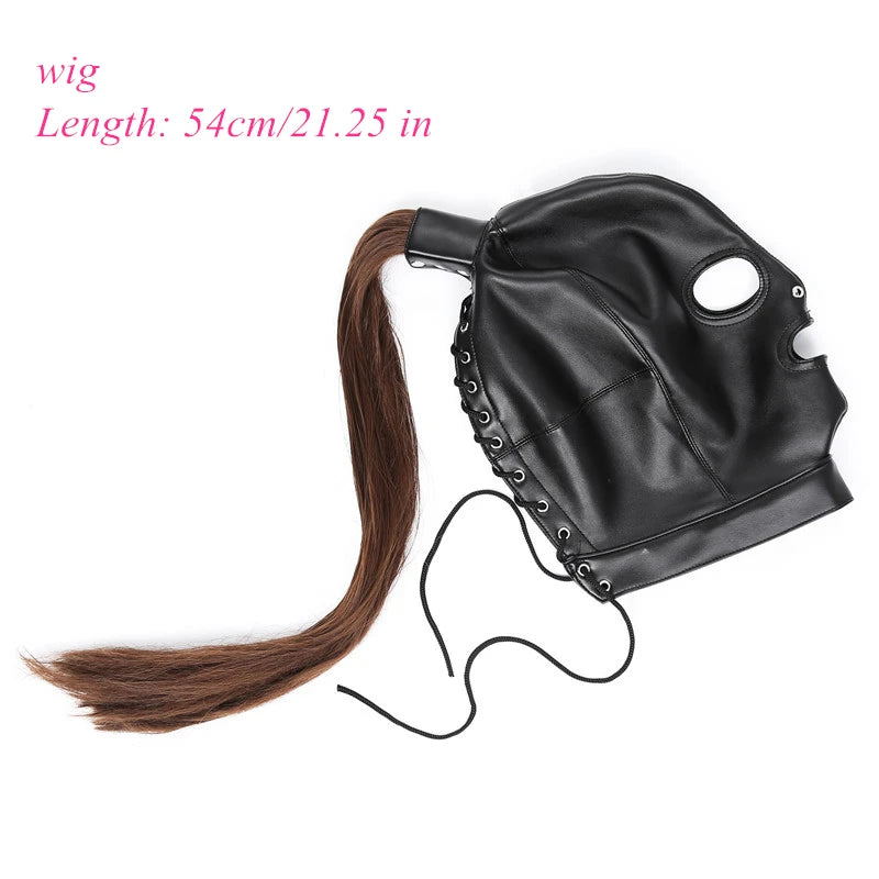 Women Men Black Leather Mask Rubber Hood With Braid Wigs Cosplay Costumes Headgear Club stage Customized Handmade