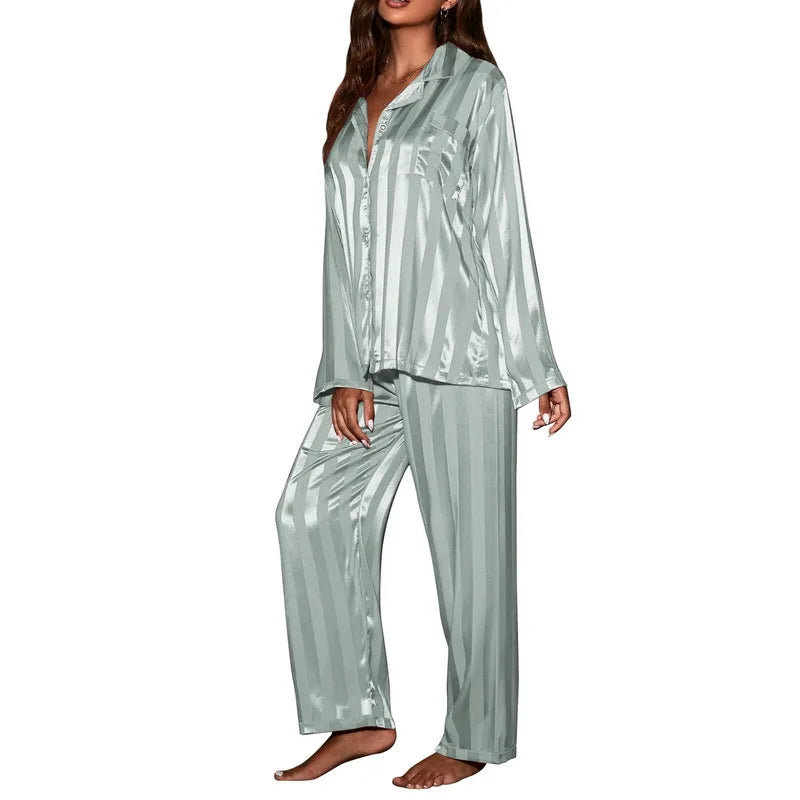 NEW 2PCS Set L-4XL Plus Size 4 Colors Chubby Women's Striped Pajama Set, Solid French Silk Satin Pajamas, Comfortable Home Pajamas