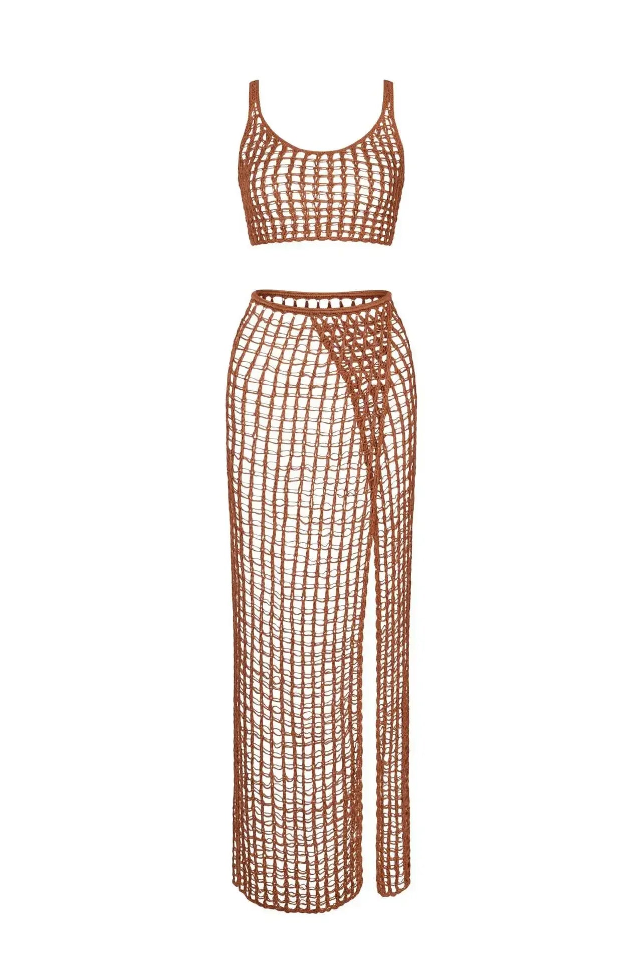 Hollow-out Handwoven Two-piece Swimsuit Women Knitted Mesh Sexy Bra Long Skirt Bikini Set New Beach Bathing Suit Swimwear