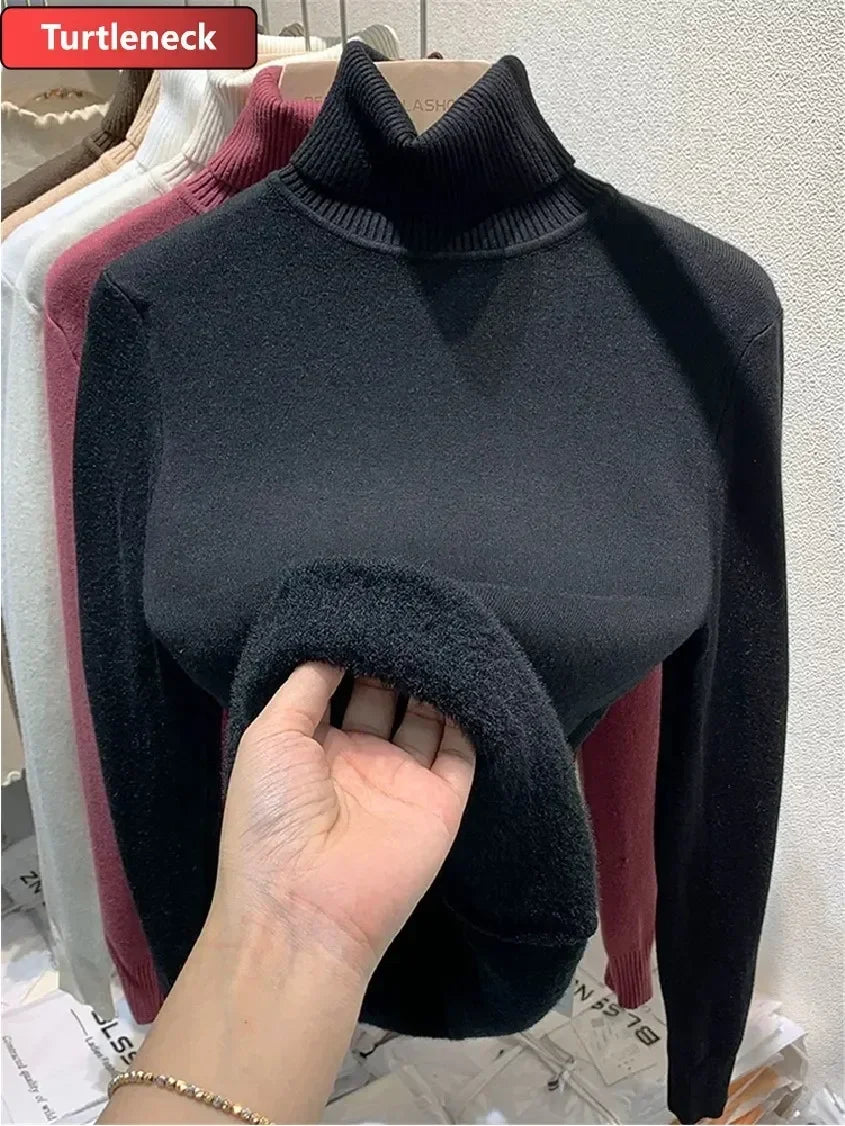 NEW Arrivals Sweater For Women Winter Thicken Turtleneck Slim Knit Pullover New Warm Plush Velvet Lined Knitwear Jumper Tops Casual Female Girls Luxury Fashion Clothing Supplies