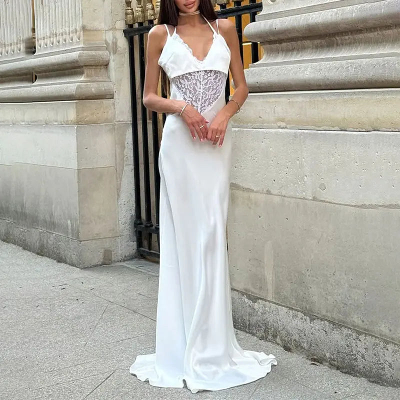 NEW Black/White Color Sexy Lace Hollow Out Maxi Dress Female Backless Spaghetti Slim V-Neck Hollow Out Commute Dress Summer Halter Dresses