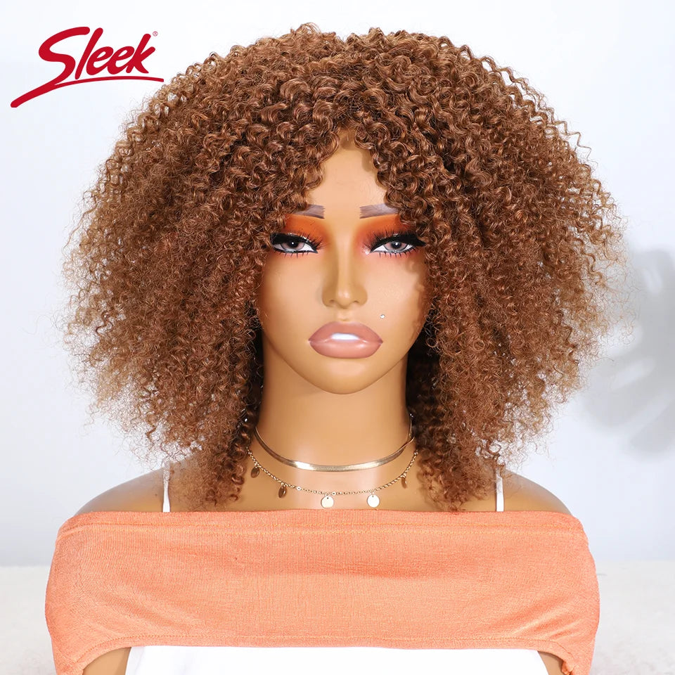 NEW Original Brazilian Sleek T1b/30 Afro Kinky Curly Human Hair Bob Wigs Brazilian Highlight P4/27 Remy Hair With Bang 250% Density Brown 6# Human Natural Hair