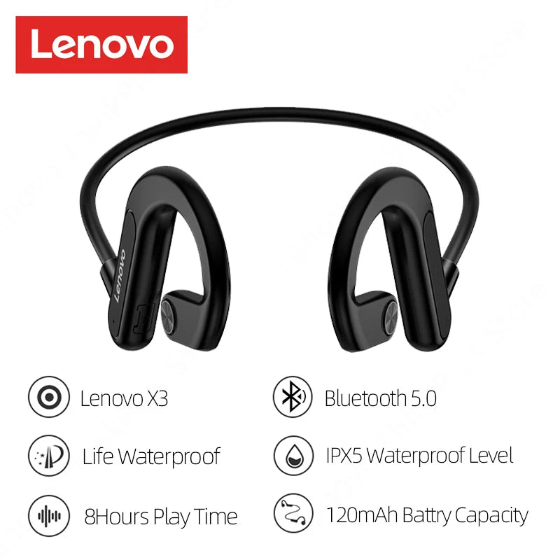 NEW Original Lenovo Bone Conduction Swimming Cycling Running Earphones X3 Pro Bluetooth HiFi Ear-Hook Wireless Waterproof Headset Headphones Earbuds with Microphone Outdoor Sports Supplies