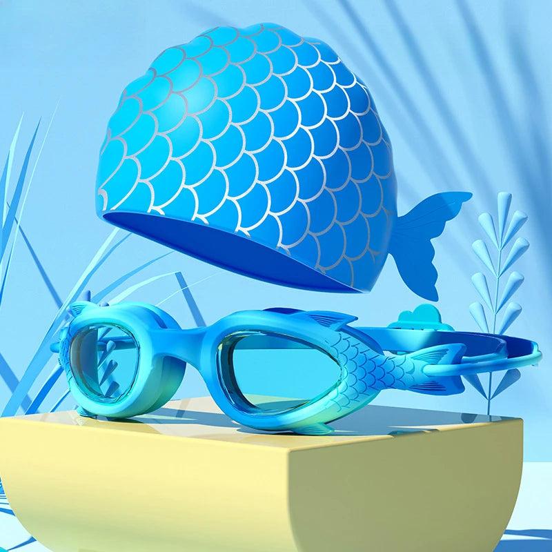 NEW 2PCS Set 4 Colors Children Kids 3-18 years old Swimming Goggles Waterproof Anti Fog High-Definition Small Frame Goggles Professional Training Kid's Swimming Goggles Caps Set