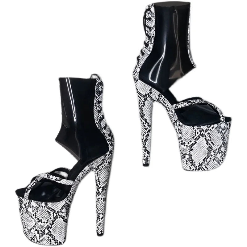 Crossdress Catwalk 20cm Exotic Stripper Open Toe Pole Dancing Heel Ankle Boots Women Snake Print Gothic 8 Inch Sexy Platform