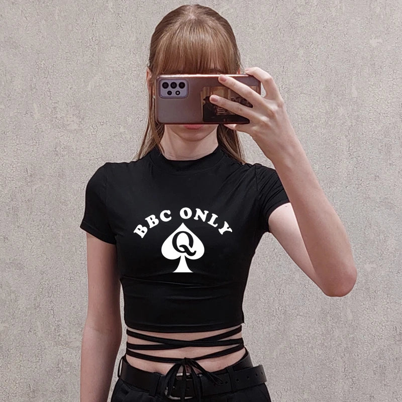 NEW Arrivals Queen of Spade BBC ONLY Summer Women Black Short T-Shirts Ladies Sexy Crop Tops Short Sleeve Bandage Tee Tops Female Shirts