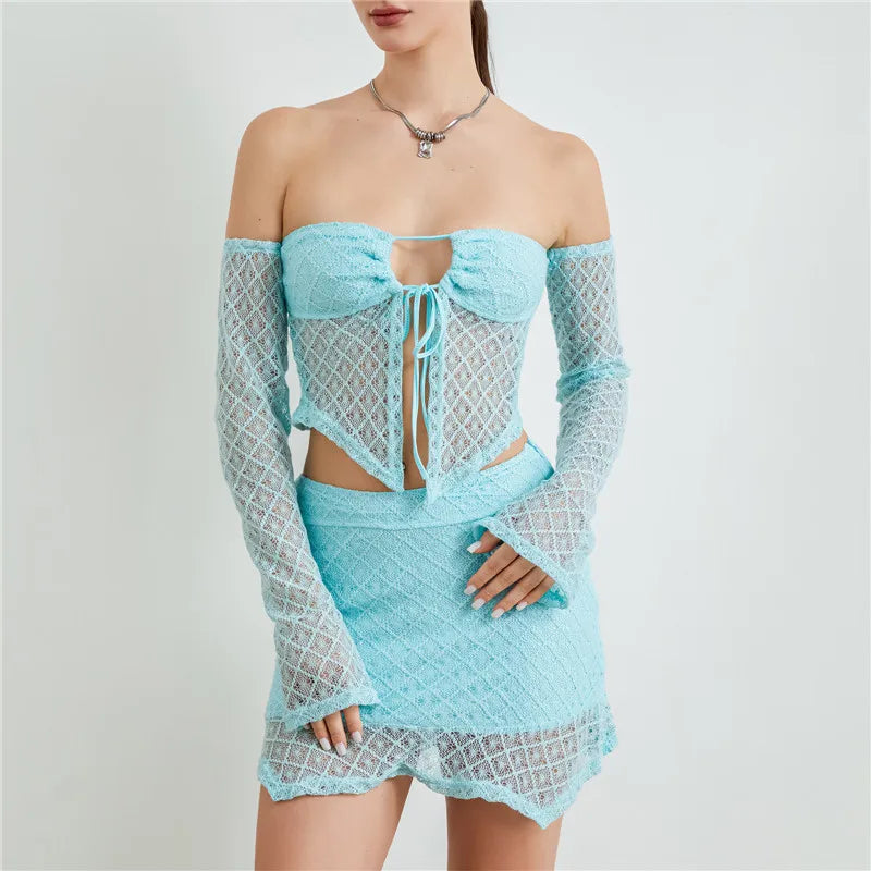 NEW Arrivals 2PCS Set White/Black/Blue Color Women Sexy Crochet Knit Skirt Hollow Out Knitted Cami High Waist Bodycon Mini Skirt Outfits Spring Summer Evening Beach Party Night Club Outfit