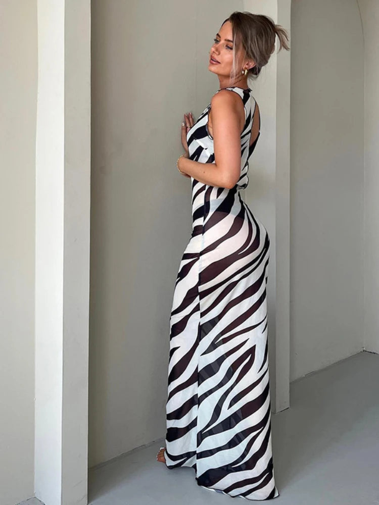 Bodycon Long Dresses For Women Beach Style Backless Vestidos De Mujer Hollow Out Sexy Robe Femme Été Y2k Clothes Zebra Print