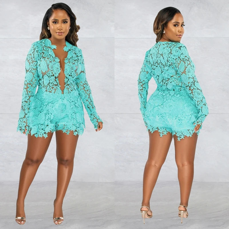 BRAND NEW 2PCS Set S-2XL 3 Colors Handmade Lace Women Spring Autumn Clothes Sexy Sheer Jacket Top and Shorts Trousers Set Women Evening Party Night Club Sexy Matching Sets