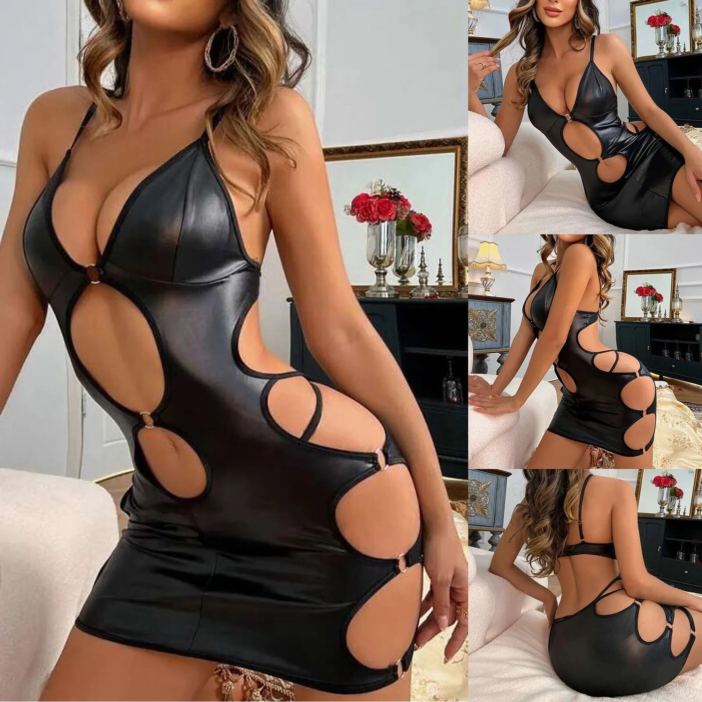 BRAND NEW S(8)-2XL(18-20) UK Size Extremely Sexy HOT Women's New Patent Leather Hollow Tight Fitting Black Dress Elegant V-Neck Hot Sexy Women Spring Summer Midnight Mini Dress