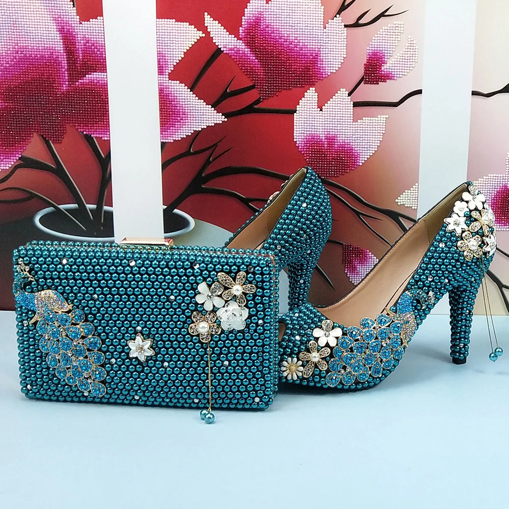 Low-Price Sales are Limited NEW Teal Luxury Blue Pearl Wedding Shoes Set with Matching Bags Bride High Heels Platform Shoes Open Toe Green Blue Evening Party Night Business Dinner Shoes Ladies Luxury Fashion Clothing Supplies