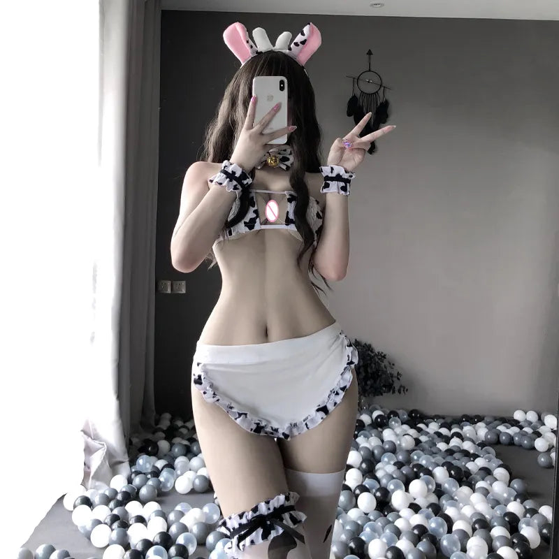 OJBK New Cos Cow Cosplay Costume Anime Girls Swimwear Clothing Lolita Bra and Panty Set Stockings Maid Tankini Bikini Swimsuit