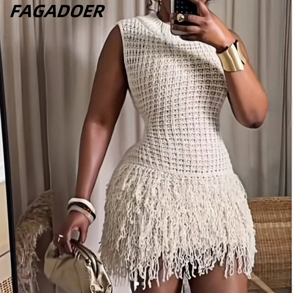 NEW Arrivals UK Size Black/White Color Italian Fashion Tassels Hollow Out Splicing Mini Dresses Women Round Neck Sleeveless Slim Elegant Lady Clothing