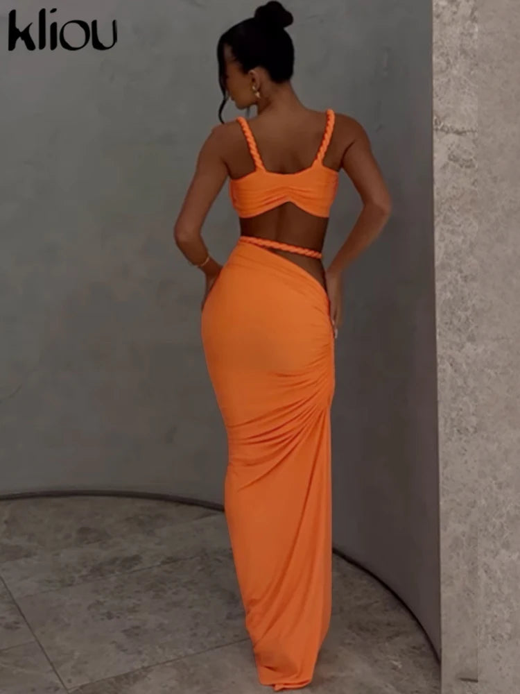 NIEW Arrivals Woven Sexy Women Stunning Hot Solid Pleated Crop Camisoles +High Waist Maxi Skirts Female Trend Vacation Outfit