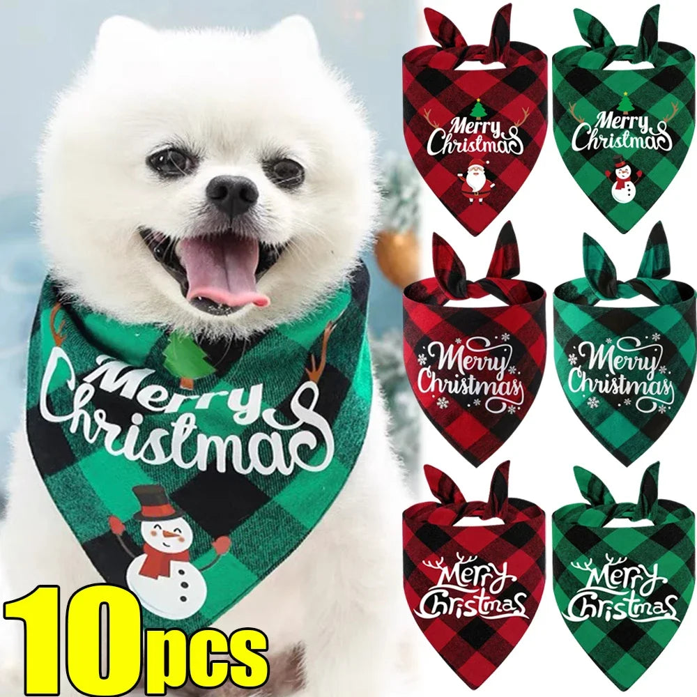 5-10Pcs Pet Christmas Decoration Triangle Scarf Dog Cat Drooling Bibs Cartoon Red Green Grid Dog Bandana Pet Grooming Accessories