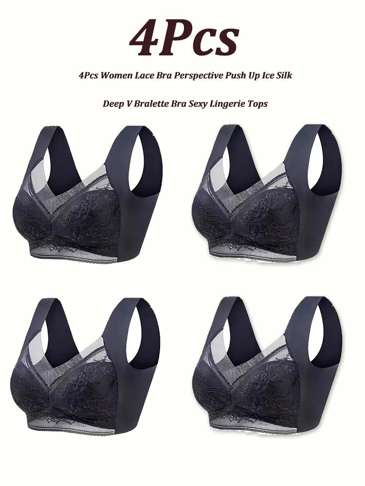 NEW Arrivals 4PCS Set L(45-50KG) -5XL(100KG) Set Women Lace Bra Perspective Push Up Ice Silk Deep V Bralette Bra Sexy Lingerie Tops Plus Size Cup Mom's Underwear
