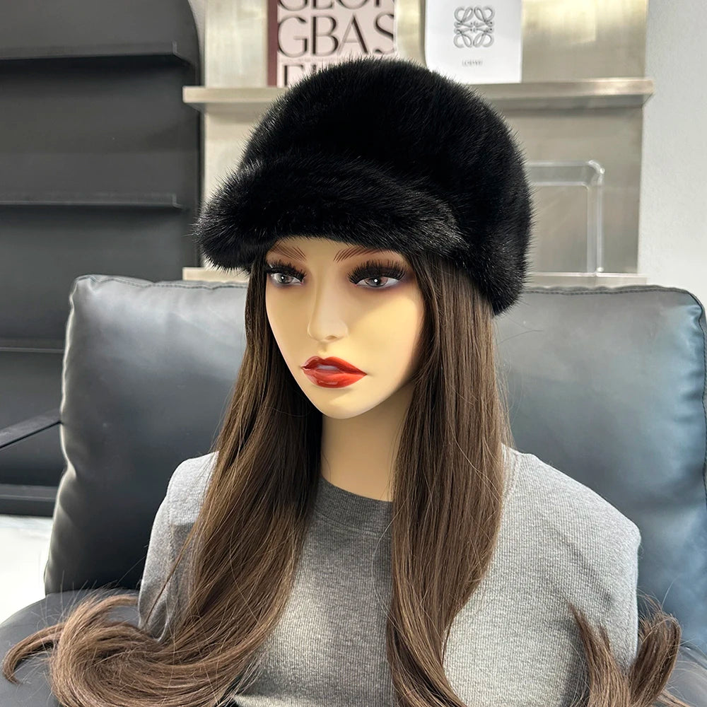 NEW Arrivals Real Mink Fur Luxury Hat Winter Warm Snow Outerwear Hats Women Keep Warm 100% Genuine Mink Fur Hats Natural Quality Female Fashion Mink Fur Cap Lady Outdoor Cap