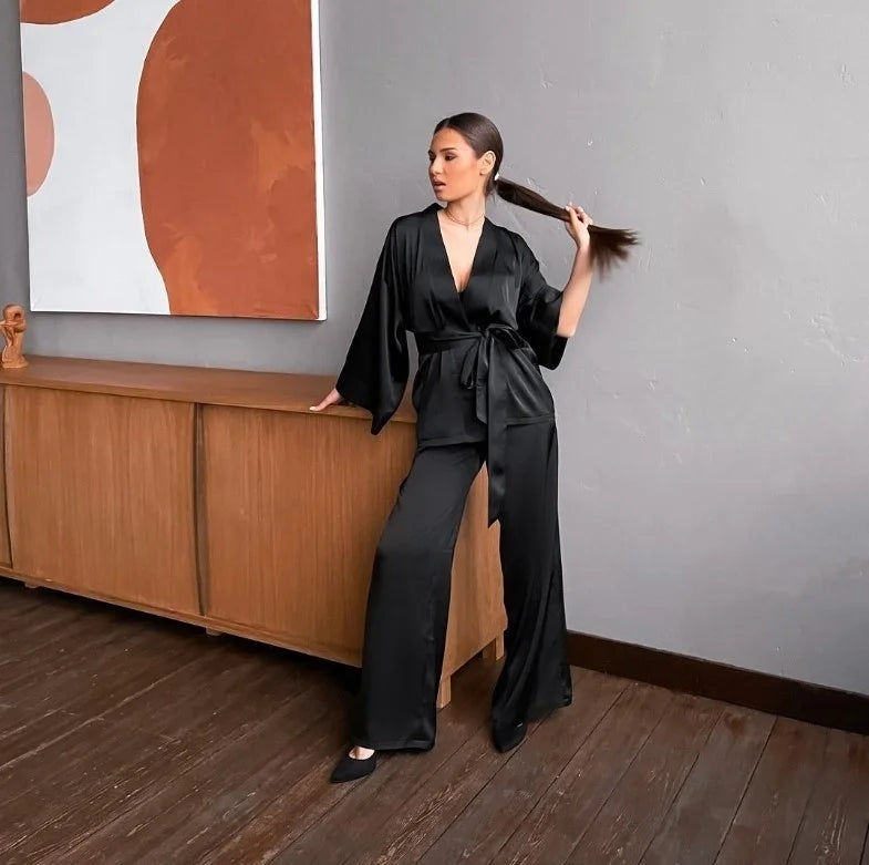 NEW 2PCS Set S-3XL Plus Size 5 Colors Solid Women Luxury Robes with Sashes Wrist Sleep Tops Satin Pants Loose Pajamas Casual Sleepwear Female Home Suits