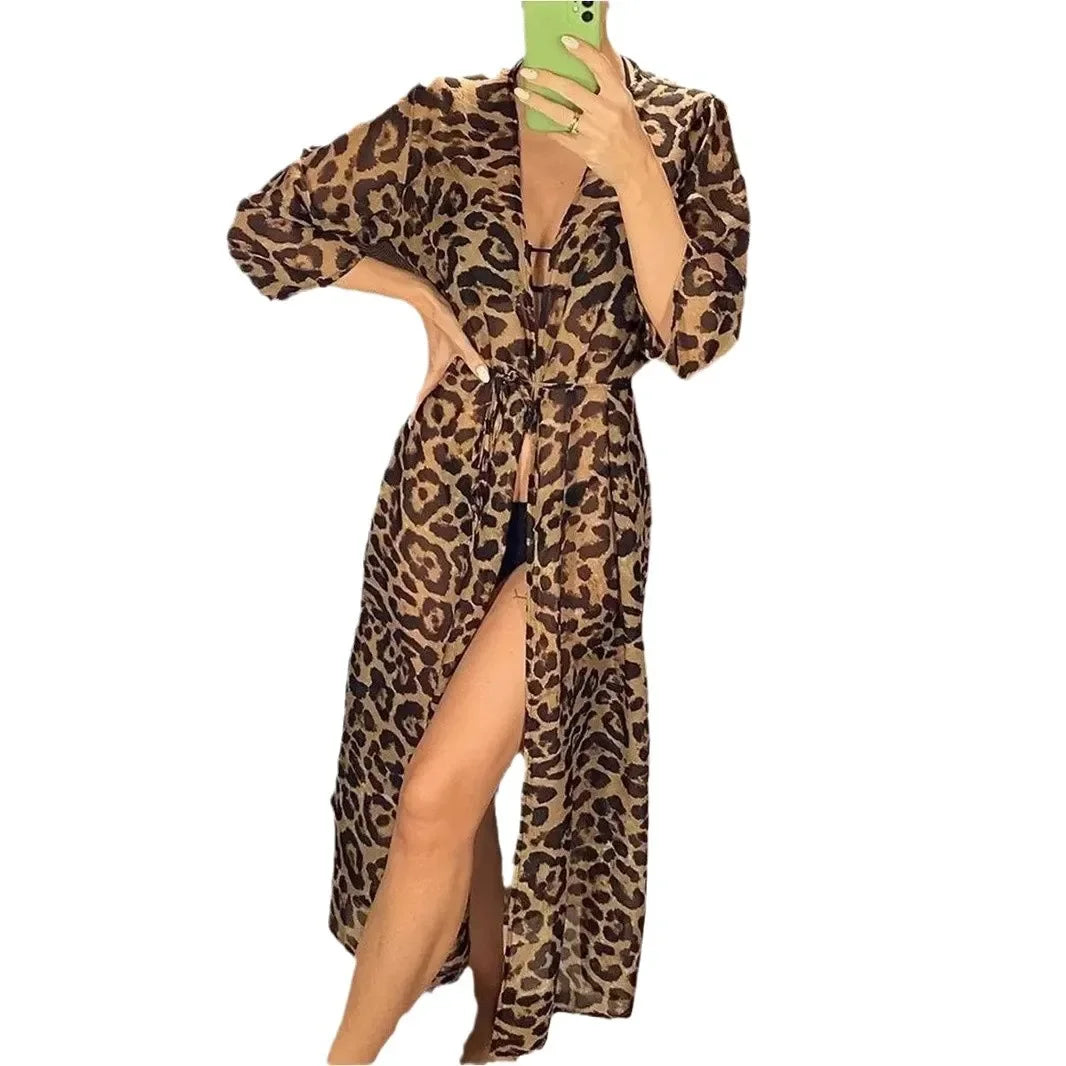 NEW Sexy Chic Long Dress V-Neck Color Block Leopard Belted New Holiday Bikini Cover-Up Beach Skirt Maxi One Piece Women's Gown