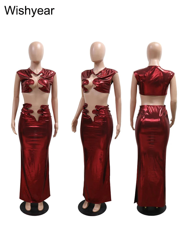 Low-Price Sales are Limited New 2PCS Set Silver/Red Sexy Crop Top and Pencil Skirt Set Women Evening Party Night Club Hollow Out Elegant Birthday Evening Prom Party Outfits Girls Ladies Luxury Fashion Clothing Supplies