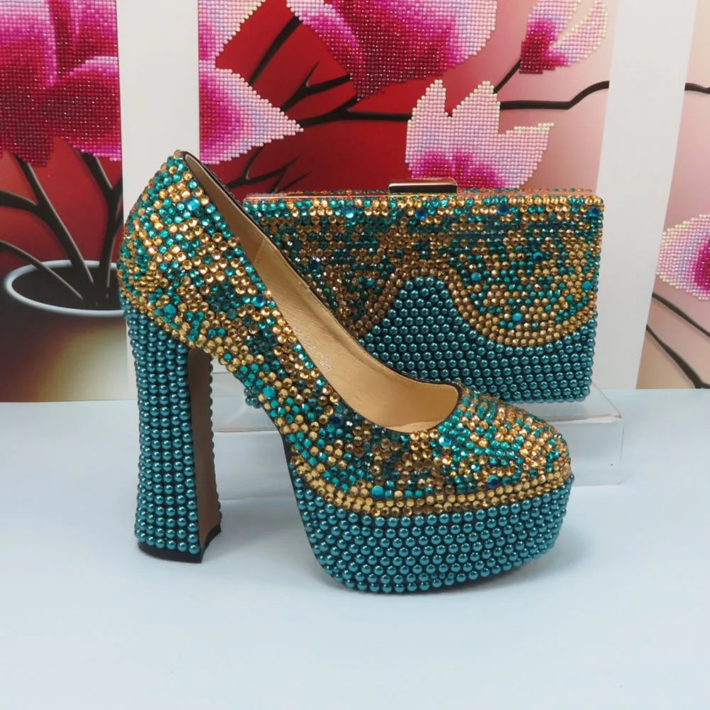 NEW Arrivals Luxury Italian Fashion Teal Blue 5 Colors Wedding Shoes and Bag Set Woman 14CM High Pumps Thick High Heel Evening Party Shoes Matching Bag Round Toe Pumps Ladies Luxury Fashion Clothing Supplies