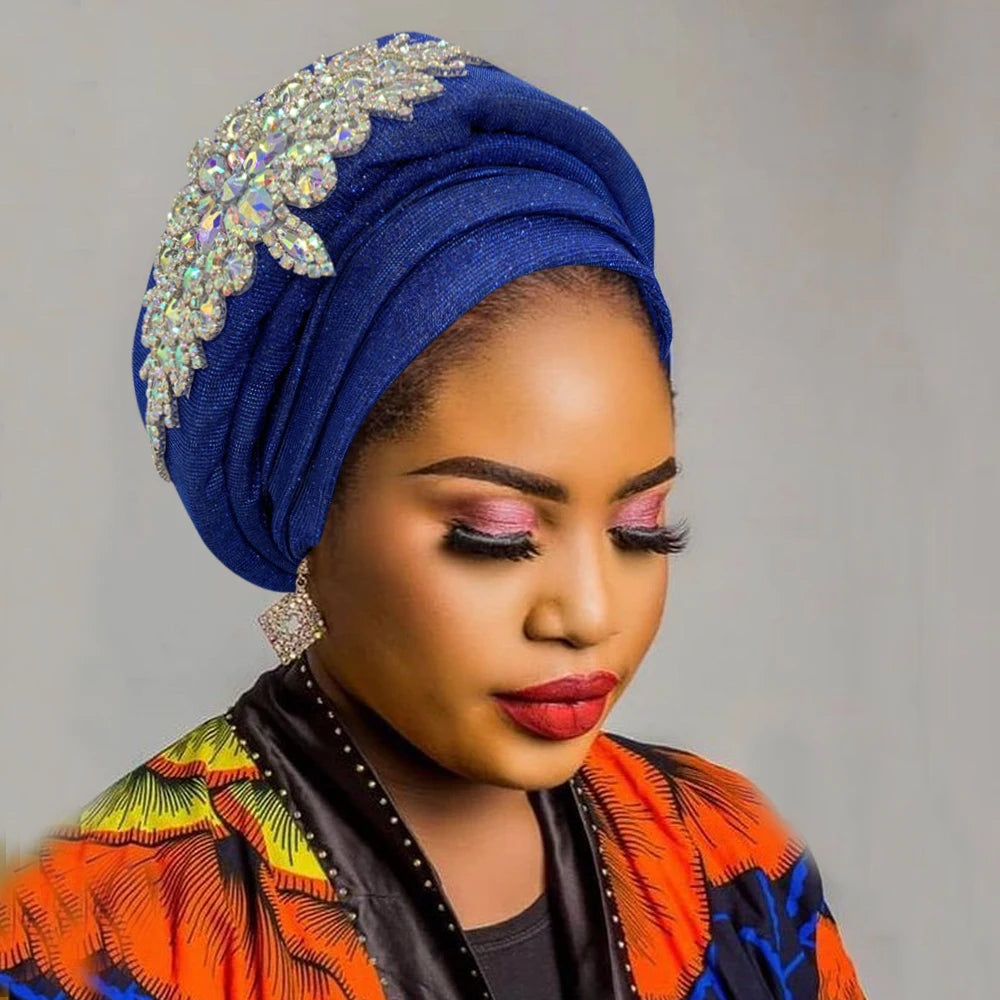 Luxury Rhinestone Turban Hat for Women Glitter African Wrap Head Headgear Nigeria Auto Gele Headtie Turbante Mujer