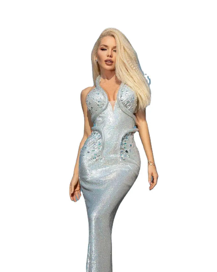 2025 New arrival Luxury Italian Fashion Sexy V-Neck Halter Sequins Elegant Tailing Gown Sleeveless Ladies Temperament Slim Fit Evening Dress Red Carpet Celebrity Gown