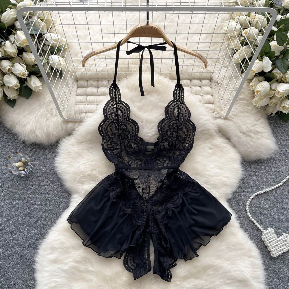 Women's Hollow Combination Bodysuit Slim Fit Erotic Mesh Lace Jumpsuit Bodysuit Sexy Fashion Pajamas