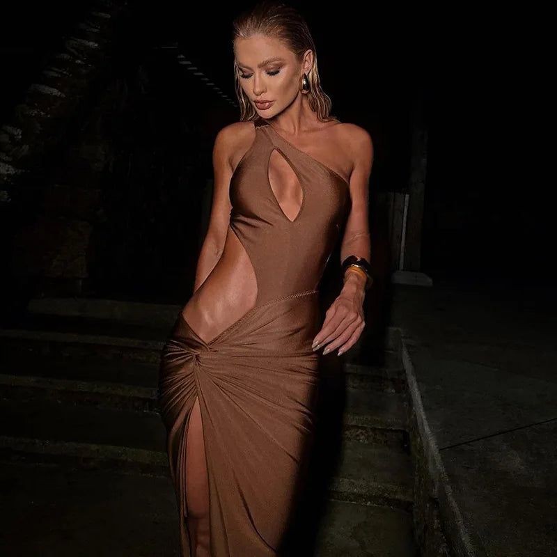 NEW Arrivals Black/Brown Autumn Release Junior Mid-Calf High Street Silk Dress K24D46496 Girl Solid Waist Exposure Cleavage Hollow Out Backless Evening Beach Party Dress