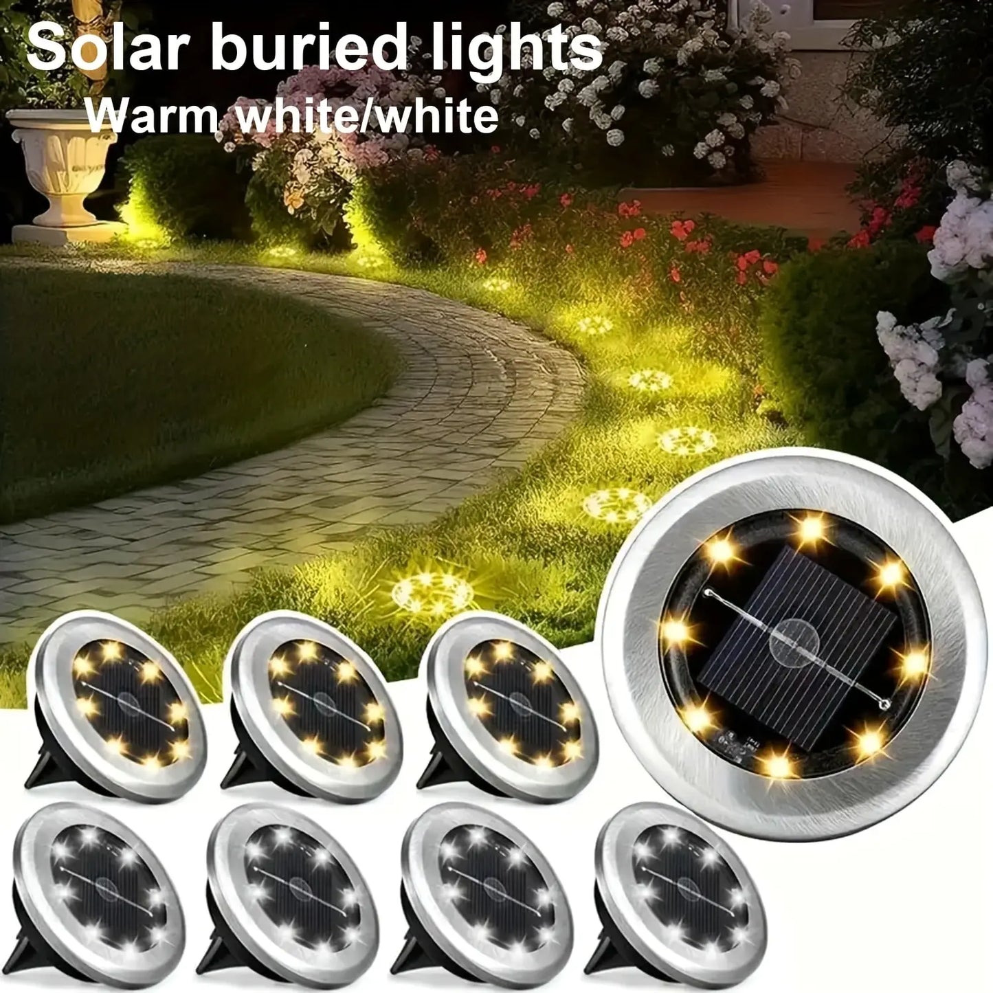 NEW Arrivals 8PCS Set LED Solar Ground Lights Outdoor Step Lights Warm/Cool White Solar Lights Decorative Landscape Lights for Paths Gardens Lawns Home Outdoor Garden Supplies