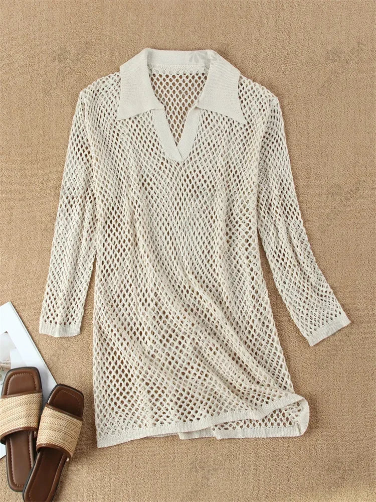 NEW Arrivals UK Size 4 Colors Solid Color Beach Knit Mini Dress Women's Summer Sexy Hollow Out Long Sleeve Swimsuit Cover Up Boho Holiday Loose Beachwear K17