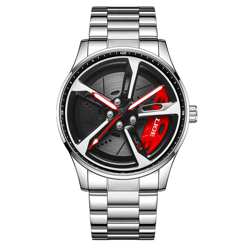 New 30Km Waterproof 6 Colors Sports 3D Xiaomi Car Wheel Watch Fashionable Rotating Dial Stainless Steel Strap Waterproof Quartz Watches Reloj Hombre Sports Supplies
