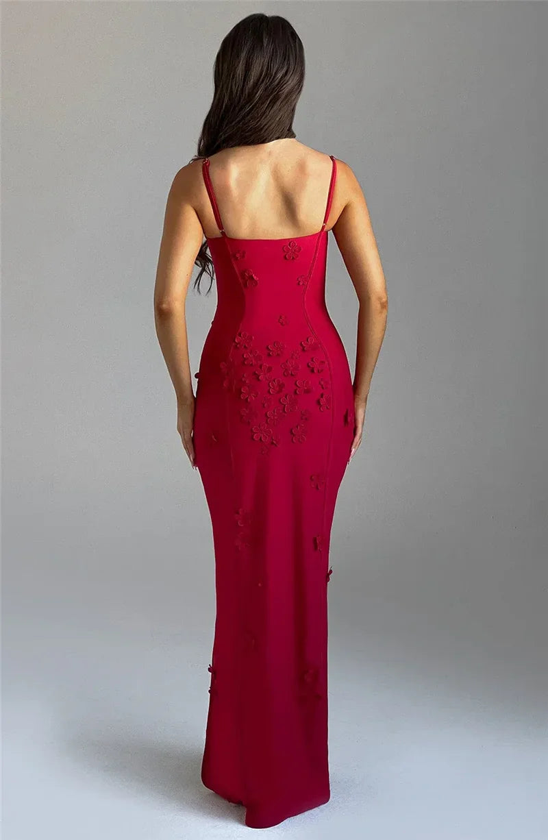 NEW Red/White Color Women's Maxi Gala Dress Elegant 3D Flower Spaghetti Strap Dress Fashion High Split Club Party Dress