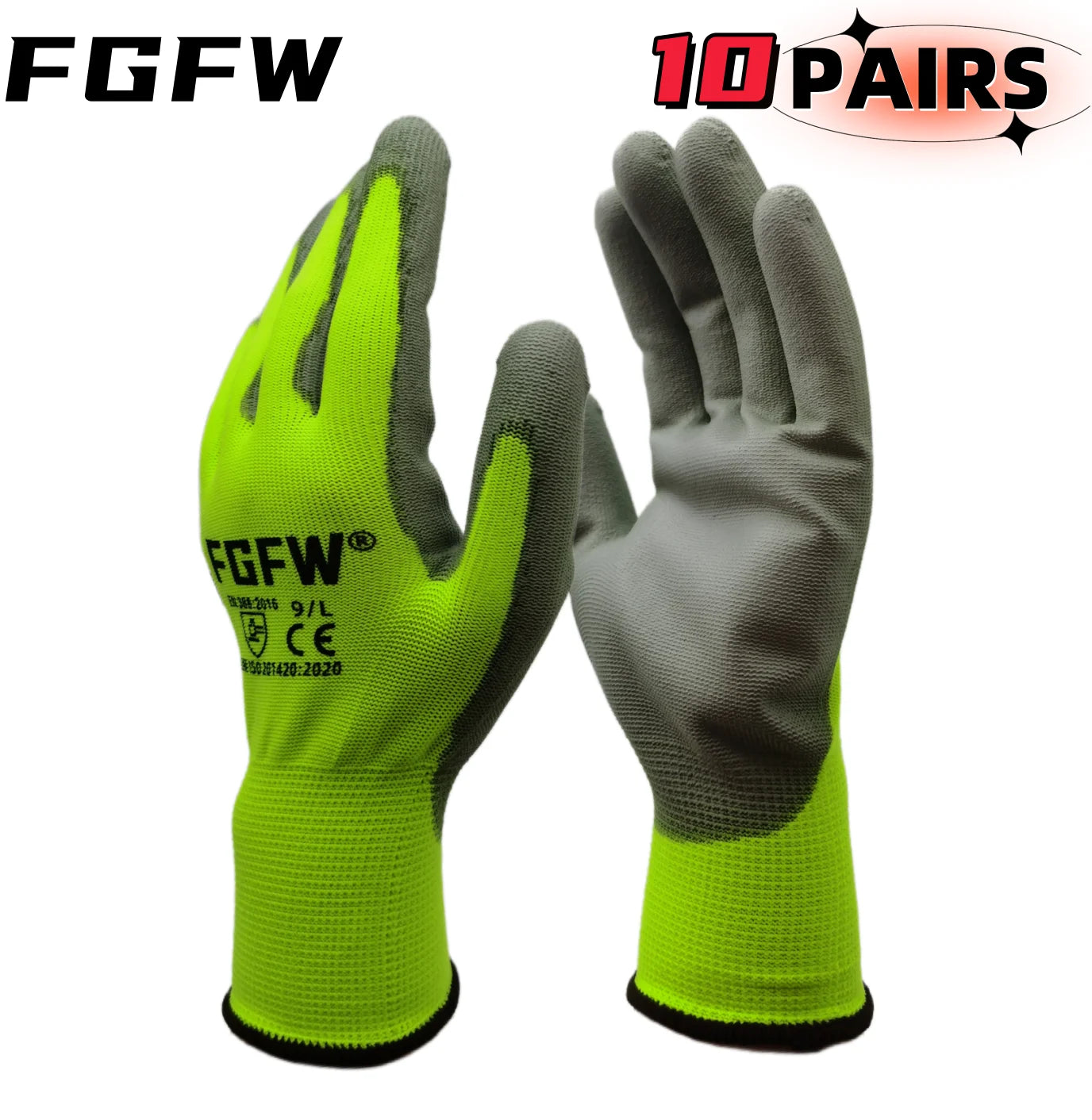 NEW 10 Pairs PU Leather Coated Work Gloves - Lightweight, Durable Safety Gloves EN 388/ISO20471 Certified, Sizes S/M/L/XL