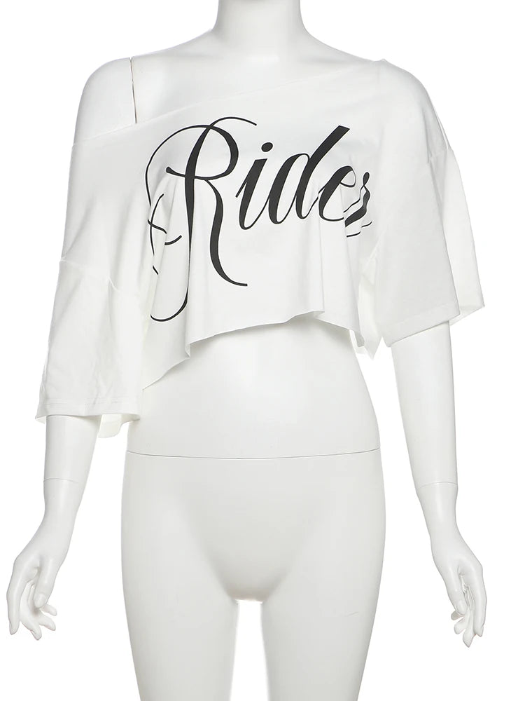 NEW 4 Colors Loose Letter Print Mini T-Shirt Women Summer Trend Biased Collar Versatile Street Skinny Simple Classic Party Daily Tops