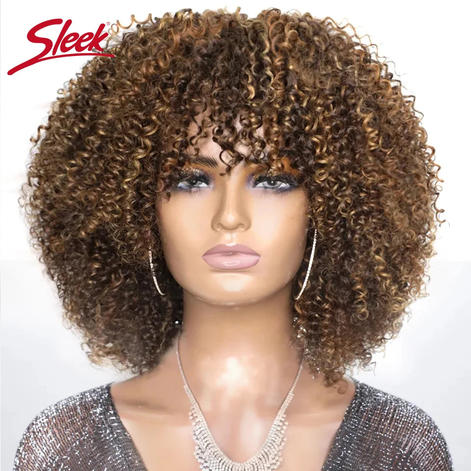 NEW Original Brazilian Sleek T1b/30 Afro Kinky Curly Human Hair Bob Wigs Brazilian Highlight P4/27 Remy Hair With Bang 250% Density Brown 6# Human Natural Hair
