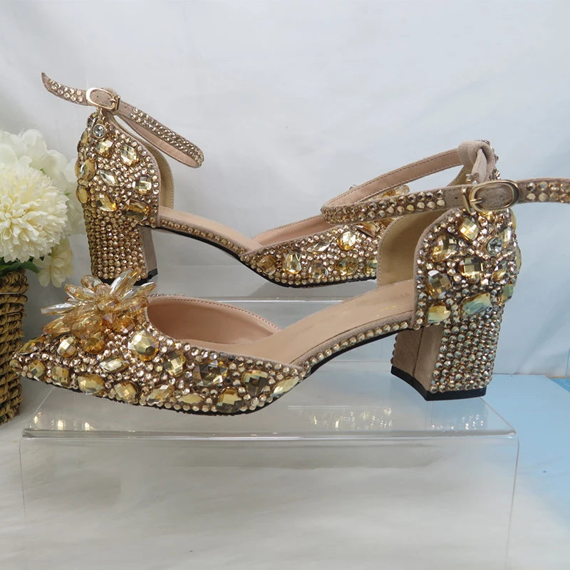 Low-Price Sales are Limited NEW Luxury Champagne Gold Wedding Shoes and Purse Set Women Bridal Fashion High Pumps Party Shoe and Bag Ankle Strap Ladies Luxury Fashion Apparel Accessories Clothing Supplies