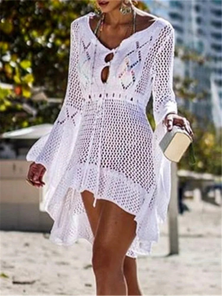 Summer Women Beachwear Sexy White Crochet Tunic Beach Wrap Dress Woman Swimwear Swimsuit Cover-ups Bikini Cover Up Q719
