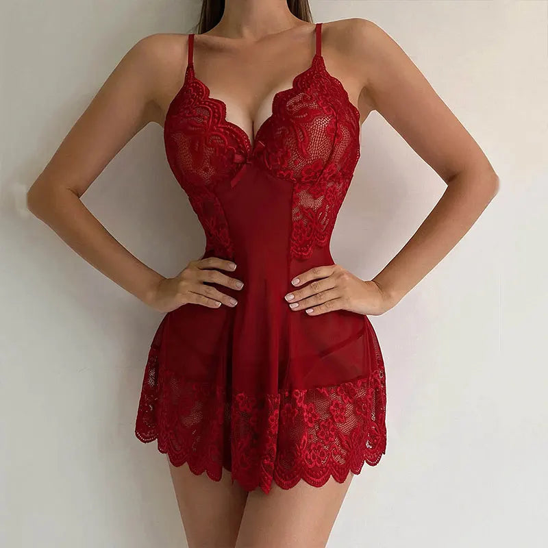 NEW Arrivals 2PCS Set S-2XL G-String Nightgown Set For Sexy Woman Summer Night Dress Ultra-Thin See-Through Pajamas Sets Lace Sleepwear Suspender Lingerie Ladies Sexy Nightdress Suit