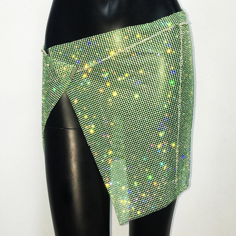 NEW Arrivals 6 Colors Glitter Rhinestone Metal Chain Mini Sexy Skirt For Women Sexy Side Slit See Through Party Skirt Rave Festival Outfits