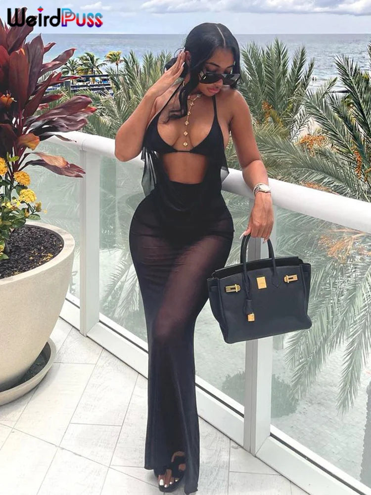 Weird Puss See Through Halter Dress+Panties Women Summer Beach Stylish Fake Two Backless Long Bodycon Skinny Elastic Streetwear