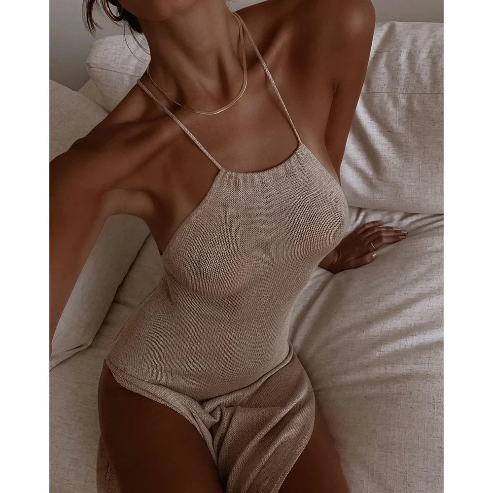 NEW Arrivals Only Large Size Female Girls Knitted Cover Up Beach Sexy See Through Maxi Slit Bodycon Summer Dress Bikini Swimwear Swimsuit Cover-Ups Elegant Halter Beach Dress Women Ladies Sexy Summer Fashion Apparel Produc