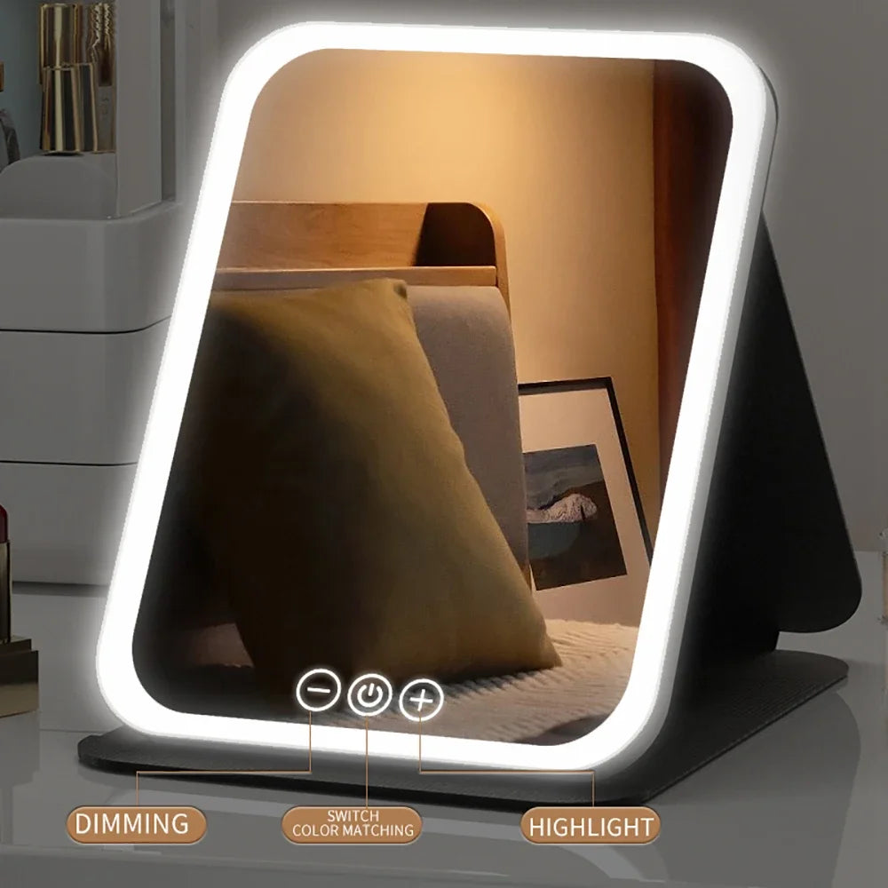 NEW Arrivals LED Dimmable Makeup Mirror 3 Colors Light Modes Adjust Brightness USB Charing Fold Mirror Tabletop Vanity Mirror for Travel Home Cosmetic Accessories