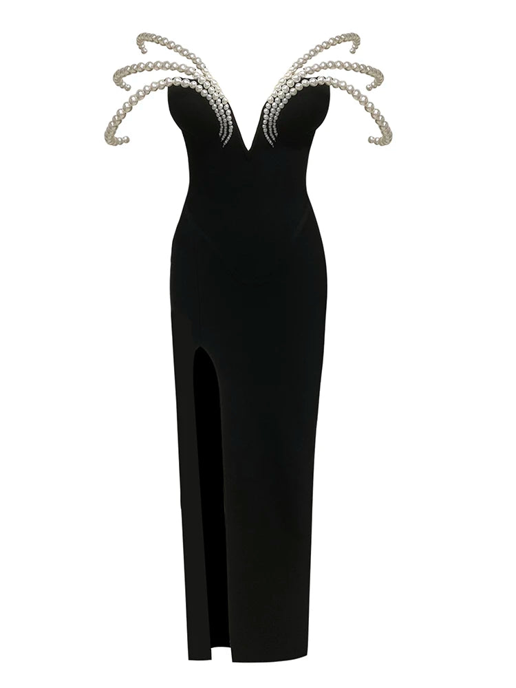 NEW Sexy Big Pearl Beading Off Shoulder Bandage Dress Women Sleeveless Backless Folds Split Slim Long Dresses Evening Party Formal Red Carpet Celebrity Ladies Luxury Fashion Clothing Supplies