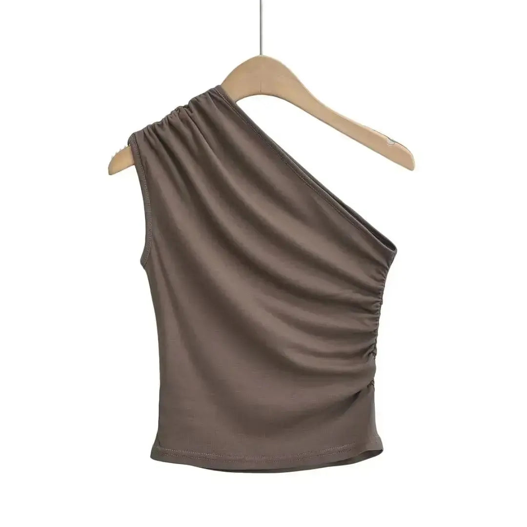 NEW Arrivals S-XL UK Size 4 Colors Women's One Shoulder Tank Top Sexy Hot Sweet Solid All-Match Summer Casual New Trend Folds Elegant Irregular Sleeveless Camisole Tops
