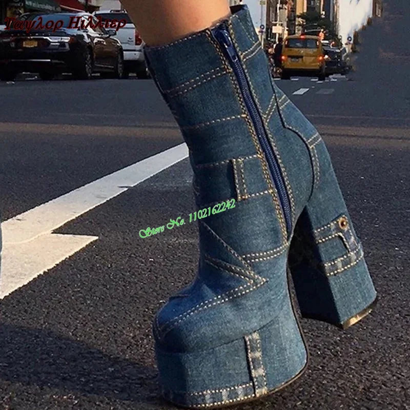 Blue Denim Waterproof Platform Short Boots Round Toe Thick Heel Side Zipper Catwalk Stage Party Fashion Boots Women'S Autumn 47