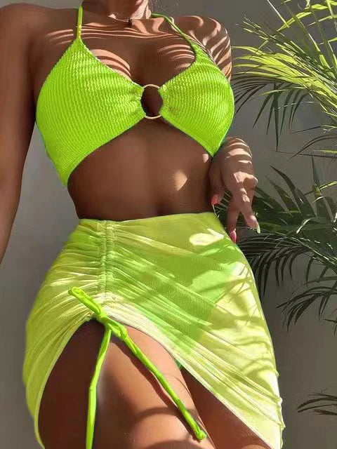BRAND NEW 3 PCS Set 14 Colors Mesh Skirt Swimsuit Women Halter Micro Ribbed Bikini High Waist Swimwear Sexy Solid Beachwear Bathing Suit