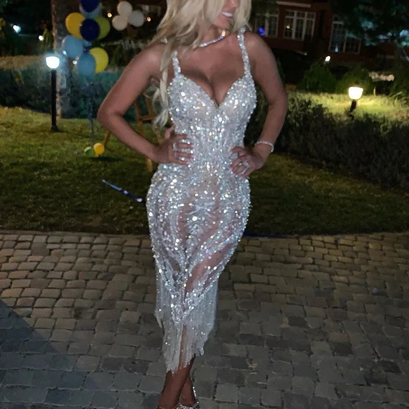 NEW Arrivals Silver/Gold Color Deep V Strapless Tight Sequin Women's Clothing European American Foreign Trade Long Sleeve Sequins Maxi Dress Evening Party Wedding Guest Celebrities Luxury Dress