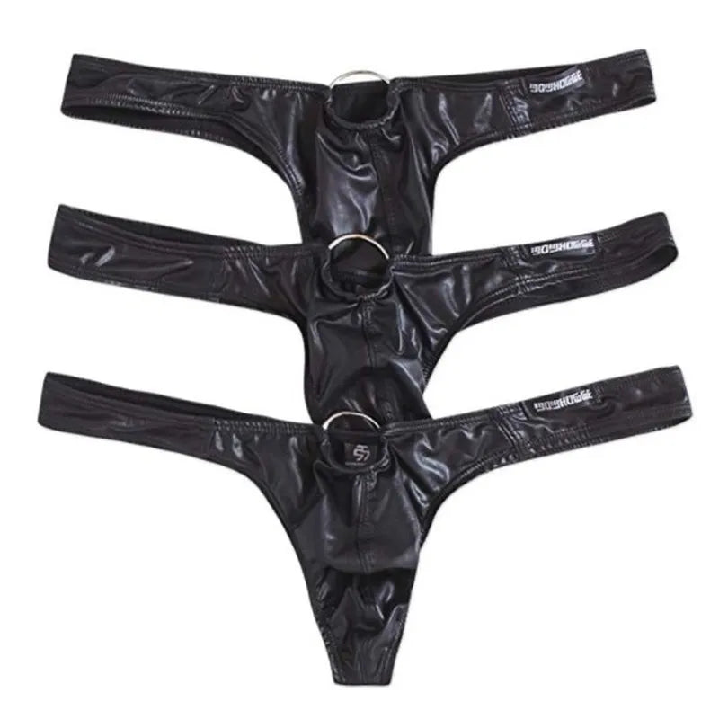 3PCS/Lots Mens Faux Leather Briefs Lingerie G-string Thongs Underwear Sexy Low Rise Bikini Convex Pouch Underpants Boxer Panties